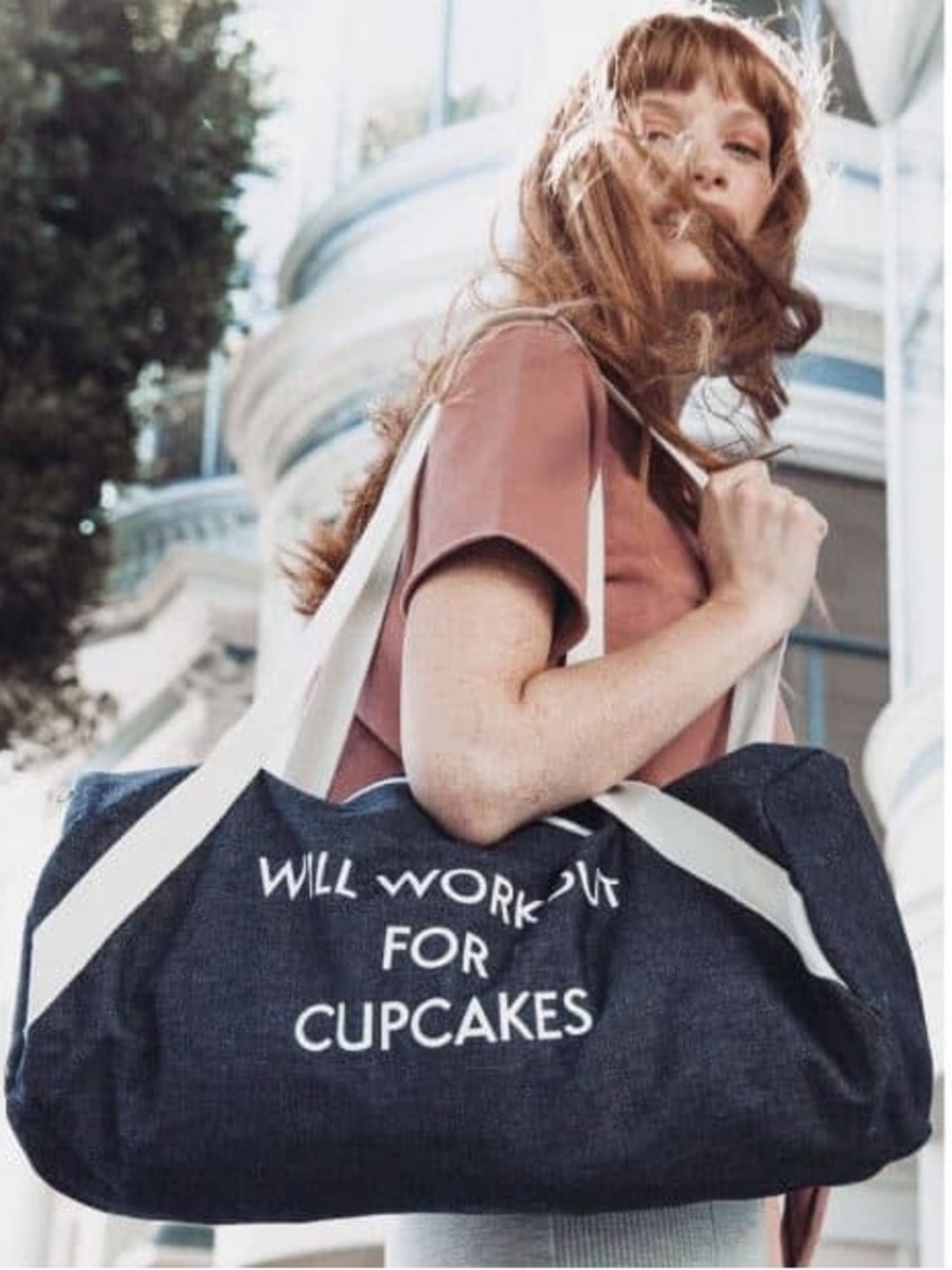 PRIVATE PARTY Denim Gym Bag Will Workout for Cupcakes, Denim Gym Bag.